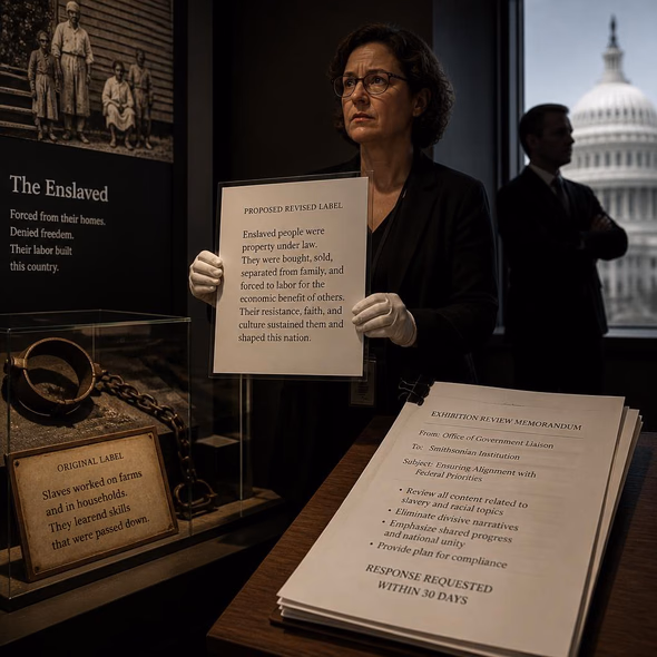 Editorial illustration for “The Smithsonian Is Told to Soften Slavery,” based on the article’s subject.