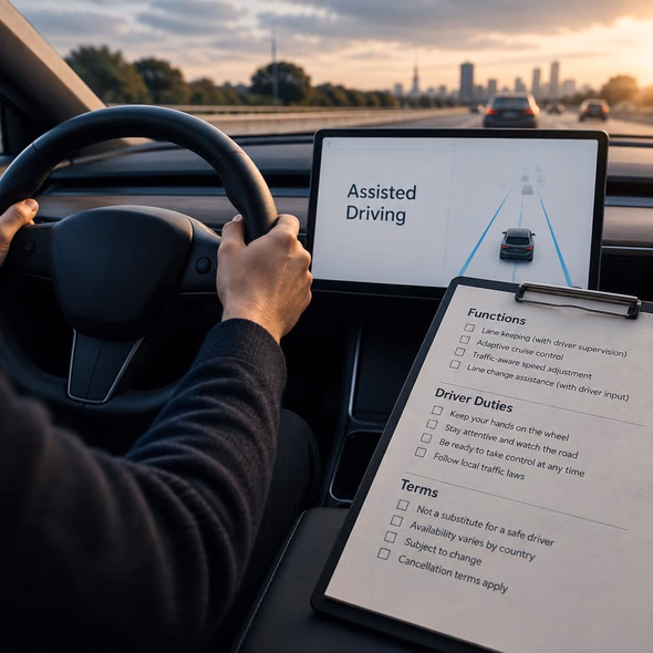 Editorial illustration for “Tesla Assisted Driving: Check What the Driver Still Does,” based on the article’s subject.