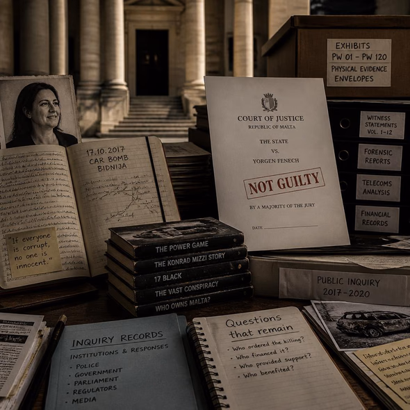 Editorial illustration for “Daphne Caruana Galizia’s Record Outlives an Acquittal,” based on the article’s subject.