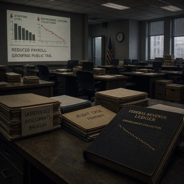 Editorial illustration for “Fewer IRS Auditors Left a Larger Public Tab,” based on the article’s subject.