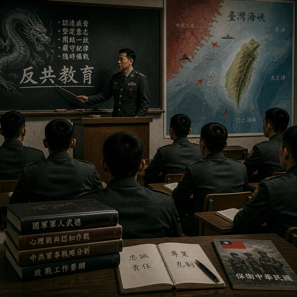 Taiwanese military graduates attend a political education class with a Taiwan Strait map in the room.
