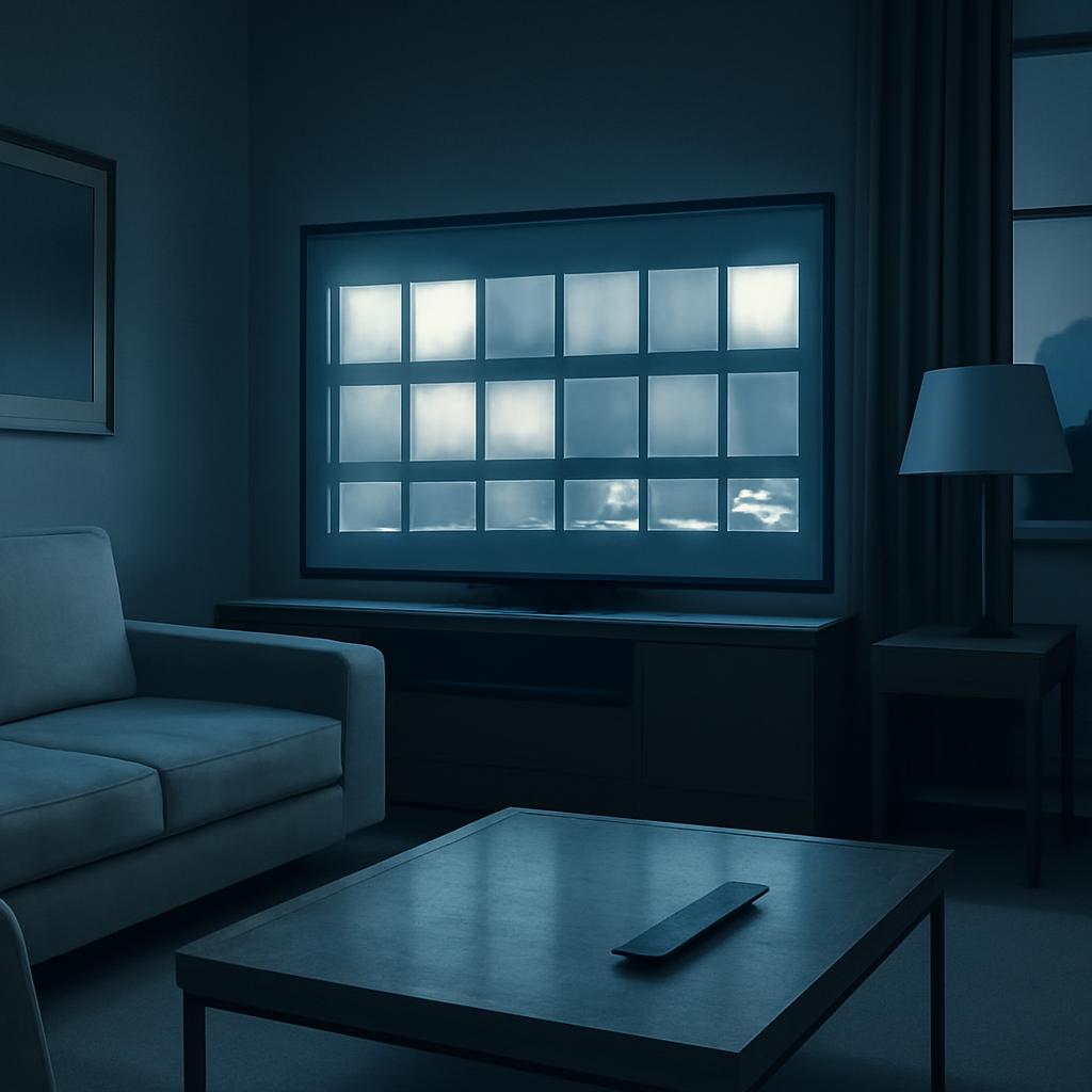 A pristine living room illuminated by a streaming interface arranged with the logic of a market dashboard.