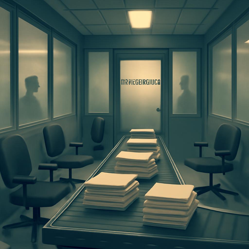 A polished institutional hallway where case files move with quiet administrative efficiency.