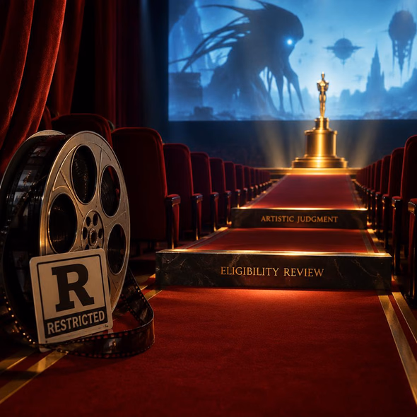 Editorial illustration for “The AI Movie Has a Rating. Now It Wants an Oscar.,” based on the article’s subject.