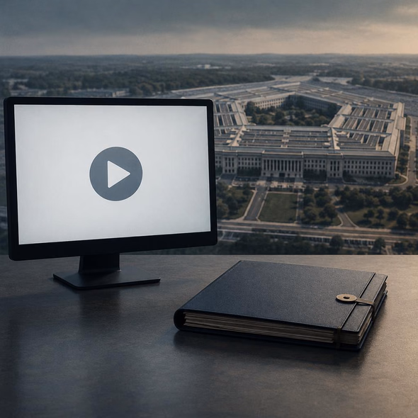 Editorial illustration for “The Pentagon Plans an Execution With a Play Button,” based on the article’s subject.