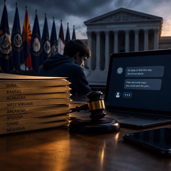Editorial illustration for “Eight States Take ChatGPT’s Child Safety to Court,” based on the article’s subject.