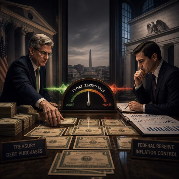 Editorial illustration for “Bessent’s Bond Buying Complicates Warsh’s Inflation Fight,” based on the article’s subject.