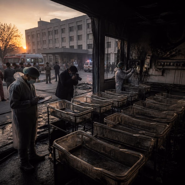 Editorial illustration for “Islamabad’s Nursery Fire Needs a Public Record,” based on the article’s subject.