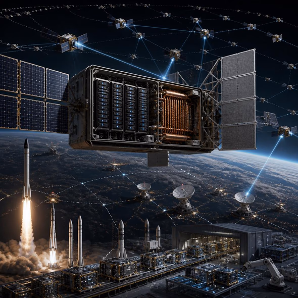 Editorial illustration for “SpaceX Proposes an Orbital Utility for AI,” based on the article’s subject.