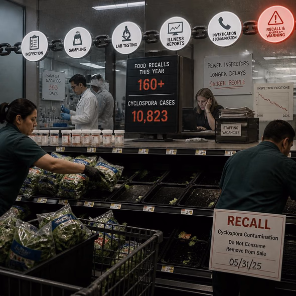 Editorial illustration for “Count the Inspectors Before Blaming the Lettuce,” based on the article’s subject.