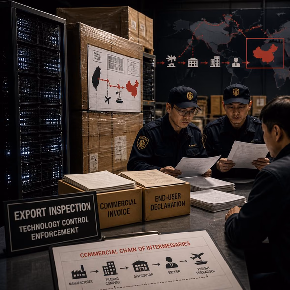 Editorial illustration for “Nine Indictments Map the AI-Server Detour,” based on the article’s subject.