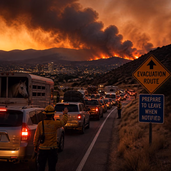 Editorial illustration for “A 15,000-Acre Fire Puts Reno on Evacuation Time,” based on the article’s subject.