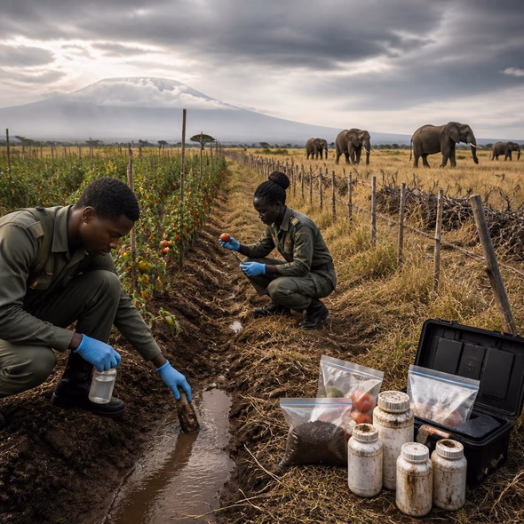 Editorial illustration for “The Tomato Farm Reaches Amboseli,” based on the article’s subject.