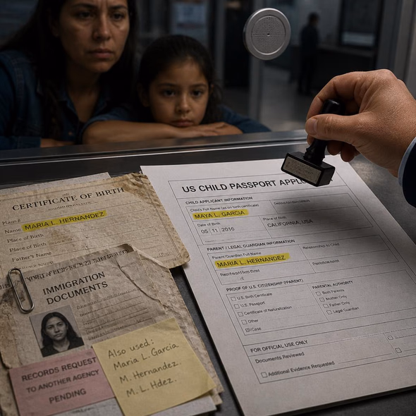 Editorial illustration for “A Child’s Passport May Depend on a Parent’s Papers,” based on the article’s subject.