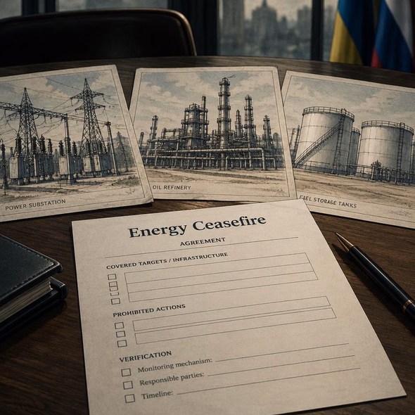 Editorial illustration for “An ‘Energy Ceasefire’ Needs a Definition,” based on the article’s subject.