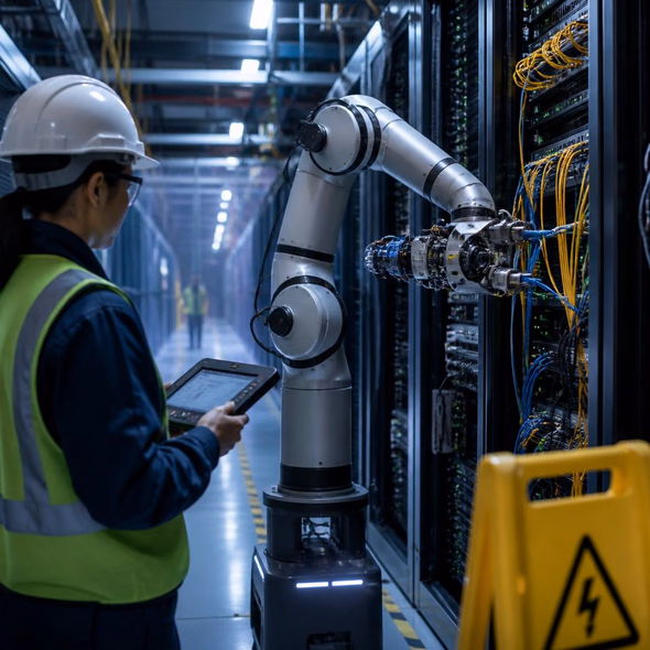 Editorial illustration for “Meta Tests Robots in the Server Aisle,” based on the article’s subject.