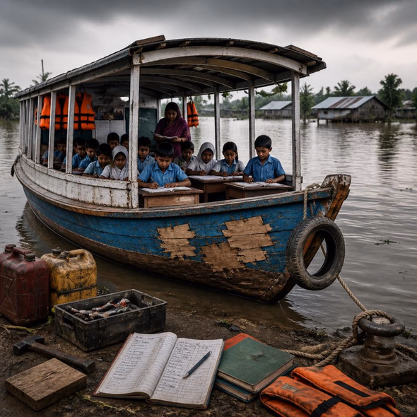 Editorial illustration for “Did Bangladesh Keep Its Floating Schools Afloat?,” based on the article’s subject.