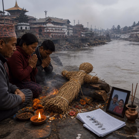 Editorial illustration for “Nepal Holds Funerals Before Identification,” based on the article’s subject.