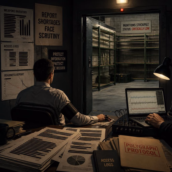 Editorial illustration for “Pentagon Polygraphs Turn Warnings Into Suspects,” based on the article’s subject.