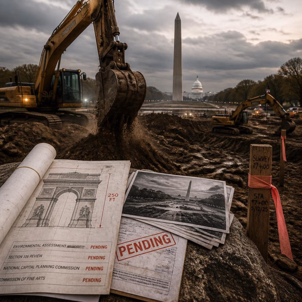 Editorial illustration for “Washington Digs First, Reviews Later,” based on the article’s subject.