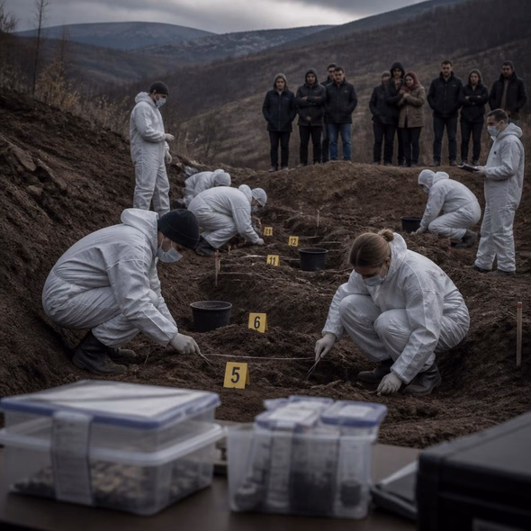 Editorial illustration for “Kosovo Finds Remains of at Least 23 Missing People,” based on the article’s subject.