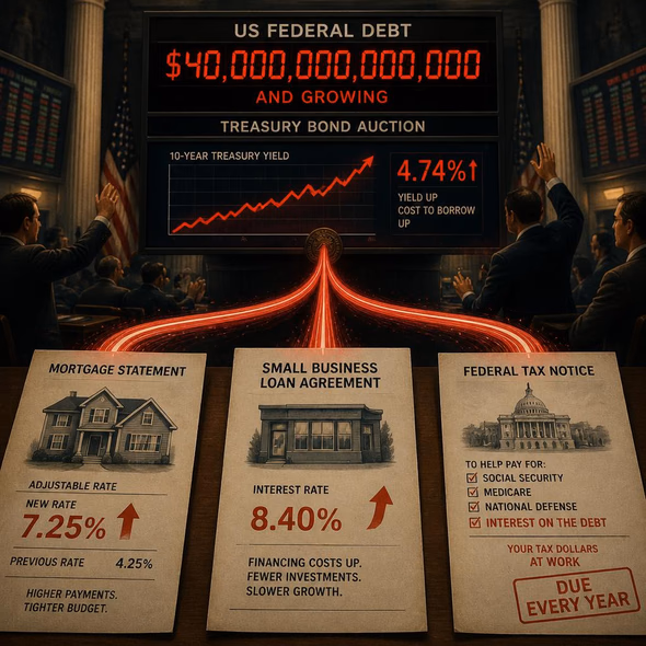 Editorial illustration for “Who Pays Interest on $40 Trillion?,” based on the article’s subject.