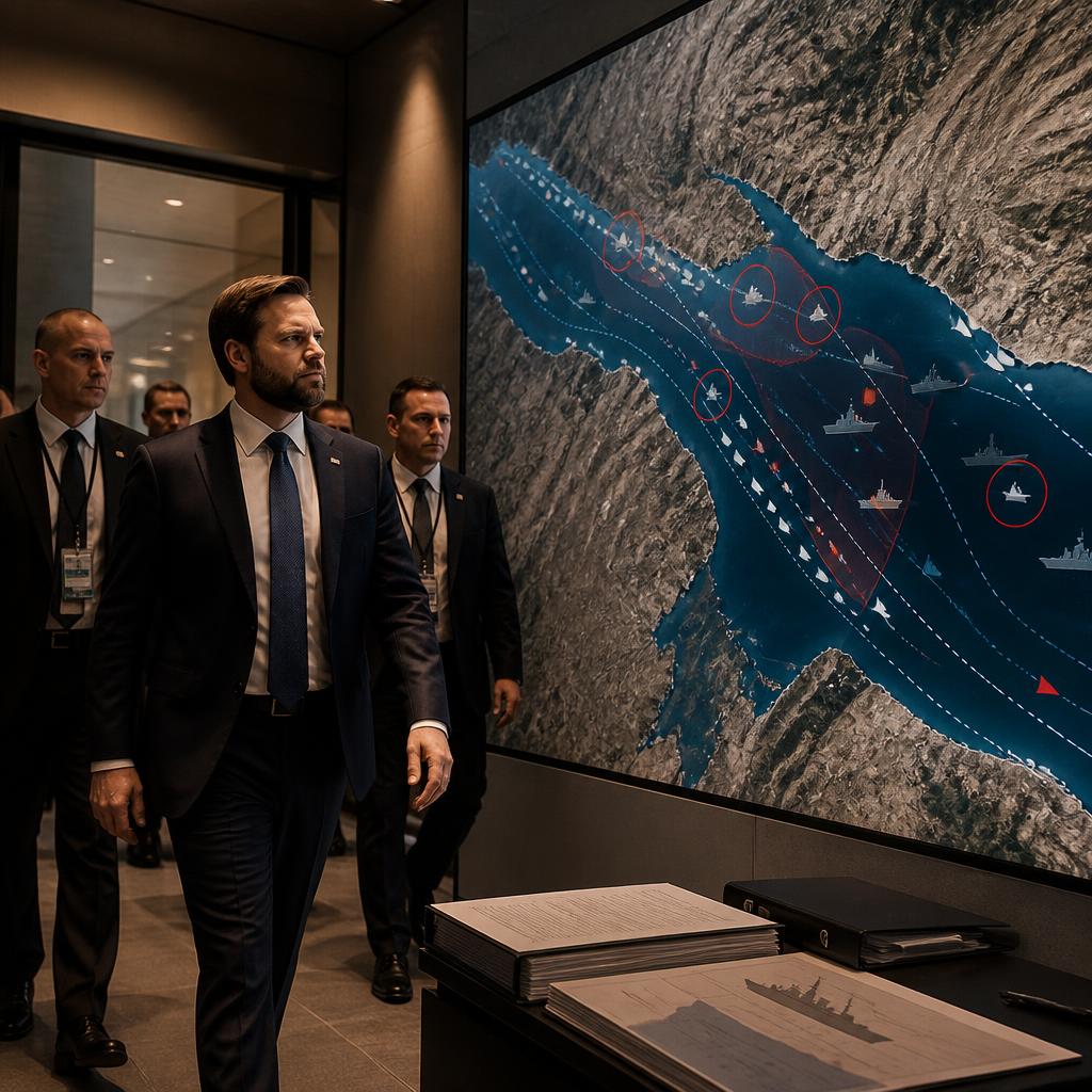 A diplomatic arrival in Switzerland beside a map of Hormuz shipping lanes.