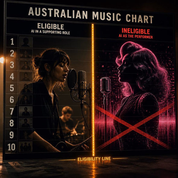 Editorial illustration for “Australia Draws a Chart Line Around AI Music,” based on the article’s subject.