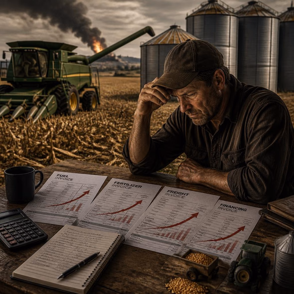 Editorial illustration for “US Grain Farmers Inherit the War Surcharge,” based on the article’s subject.