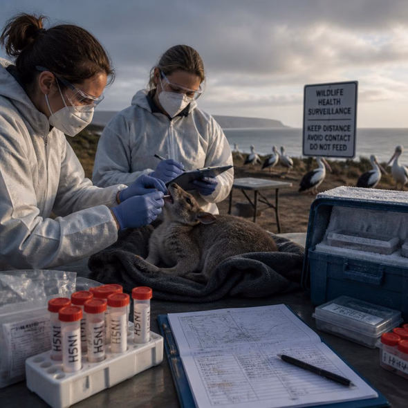 Editorial illustration for “Australia’s First Mammal Case Tests Bird-Flu Memory,” based on the article’s subject.