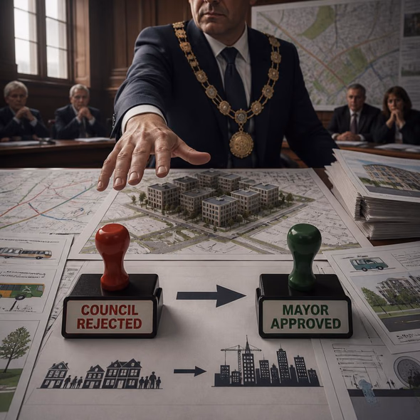 Editorial illustration for “The Council Says No. The Mayor May Say Yes.,” based on the article’s subject.