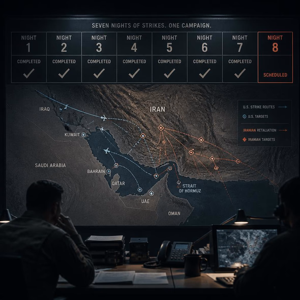 Operations calendar and Gulf map showing a week of repeated US and Iranian strikes