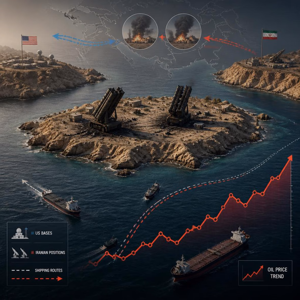 Editorial illustration for “Larak Island Resets the Escalation Clock,” based on the article’s subject.