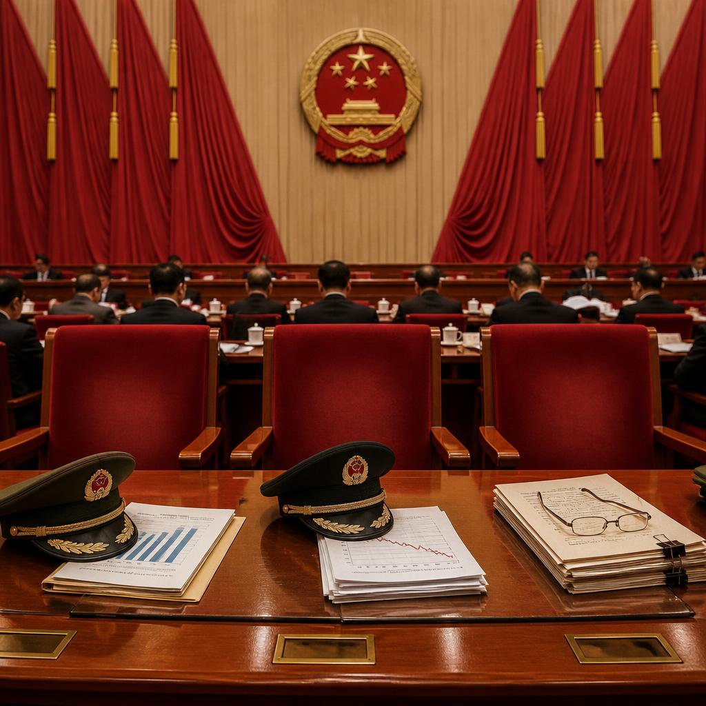 Empty seats in a Chinese legislative chamber representing removed officials.