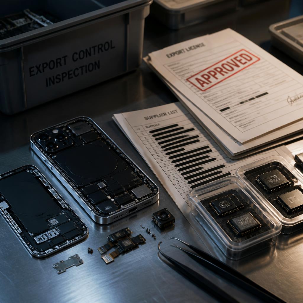 Disassembled consumer electronics and chips beside export-control paperwork.