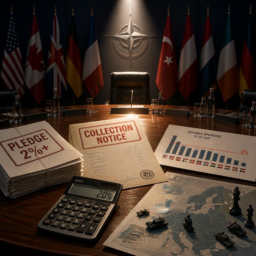 Defense spending charts and NATO flags on a summit table in Ankara.