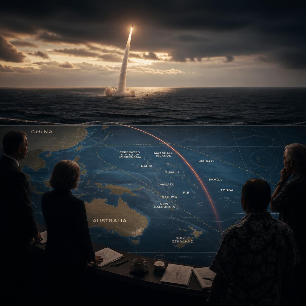 A missile trajectory drawn across a South Pacific map as regional officials observe.