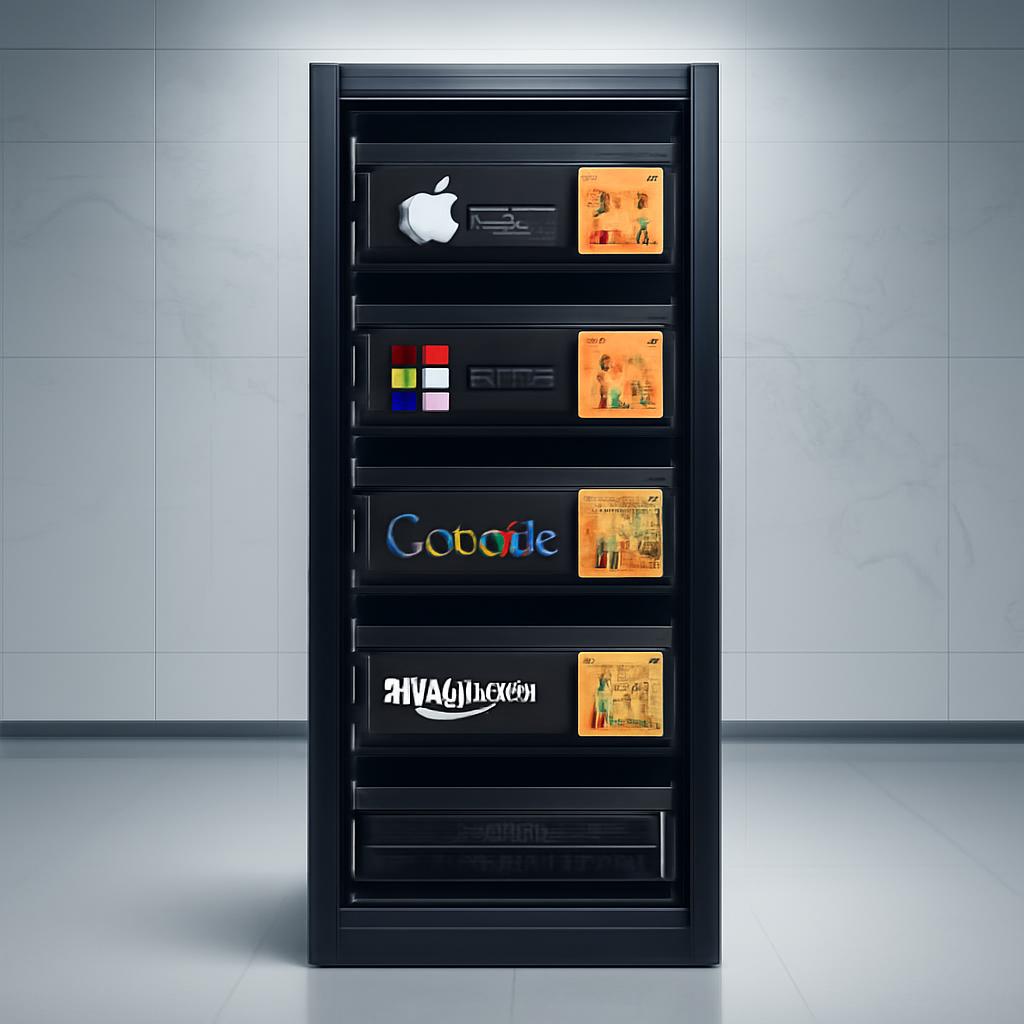 Server hardware displayed like a premium retail product with markdown tags attached.