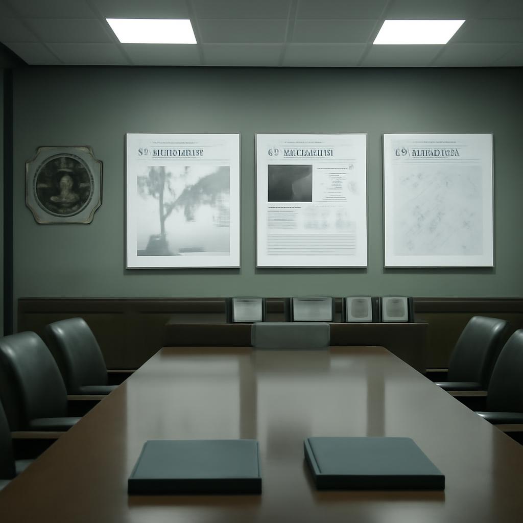 A polished briefing room that makes conspiracy material look administrative and respectable.
