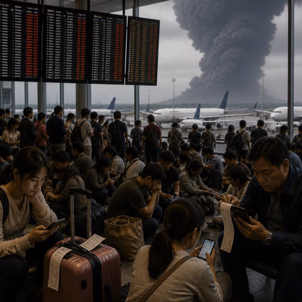 Editorial illustration for “170,000 Passengers Wait Under an Ash Cloud,” based on the article’s subject.