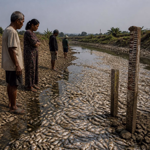 Editorial illustration for “Silugonggo Is Losing the River Beneath Its Fish,” based on the article’s subject.