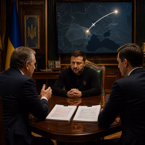 Editorial illustration for “Witkoff and Kushner Sit Down in Kyiv,” based on the article’s subject.