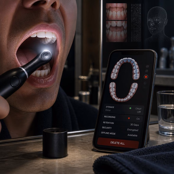 Editorial illustration for “Dyson Puts a Camera Between Your Teeth,” based on the article’s subject.