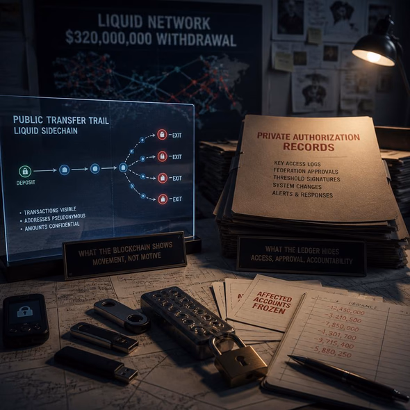 Editorial illustration for “Liquid Network Lost $320 Million. Which Ledger Explains It?,” based on the article’s subject.