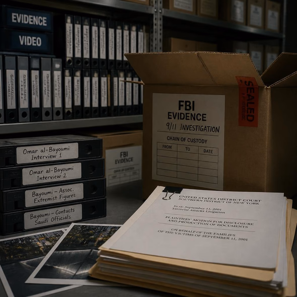 Editorial illustration for “The FBI Kept New 9/11 Evidence Offscreen,” based on the article’s subject.