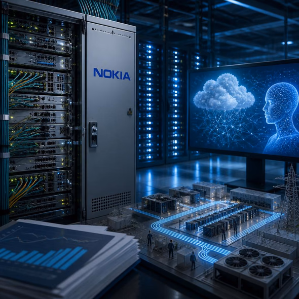 Nokia network equipment operating among AI data-center racks
