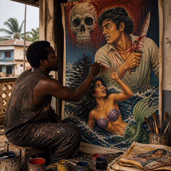 An artist paints a sensational Ghanaian film poster on a flour sack.