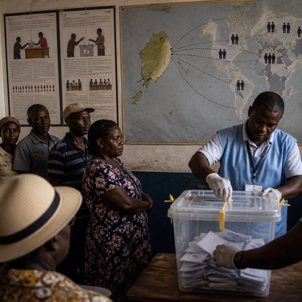 Voters and election workers at a polling station in São Tomé and Príncipe.