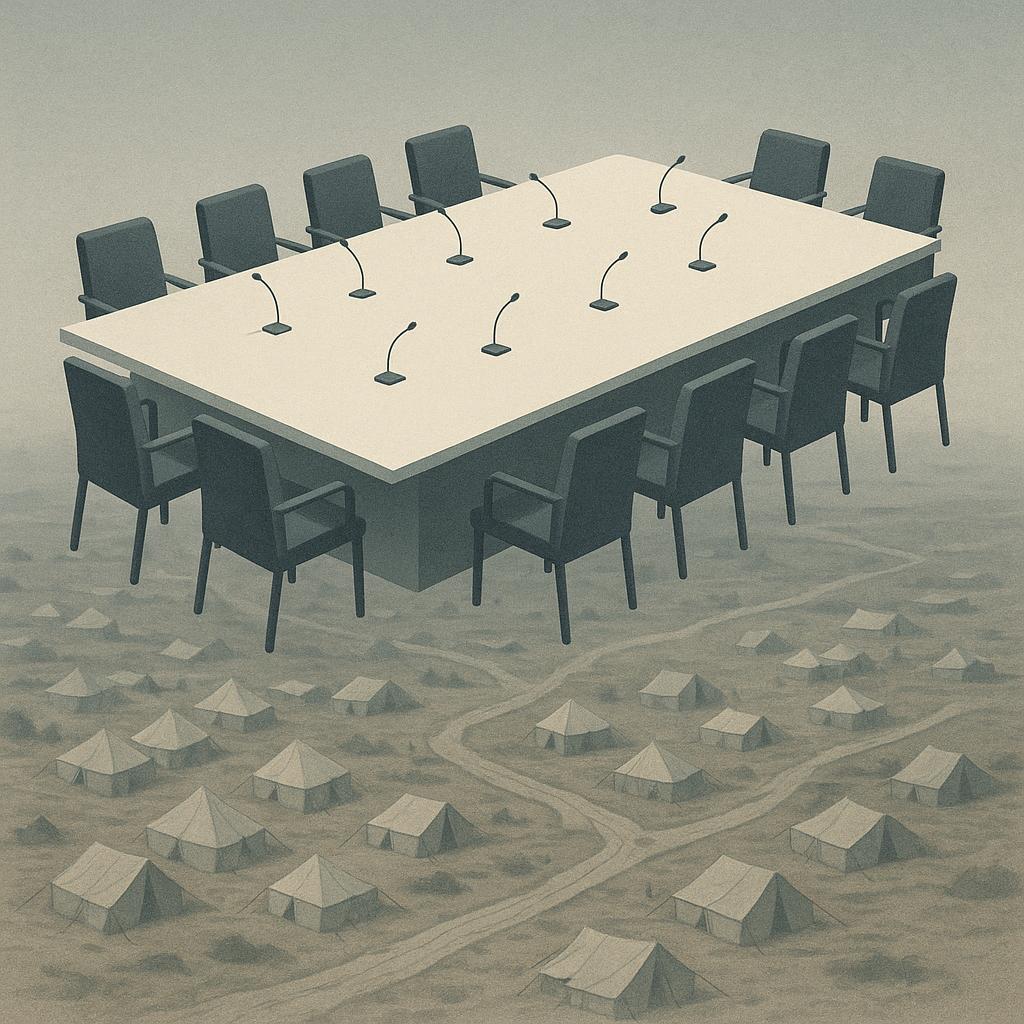 An austere editorial illustration of a conference table suspended above a distant crisis landscape.