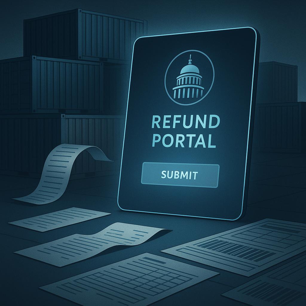 A polished illustration of a refund portal hovering over shipping containers and paperwork.